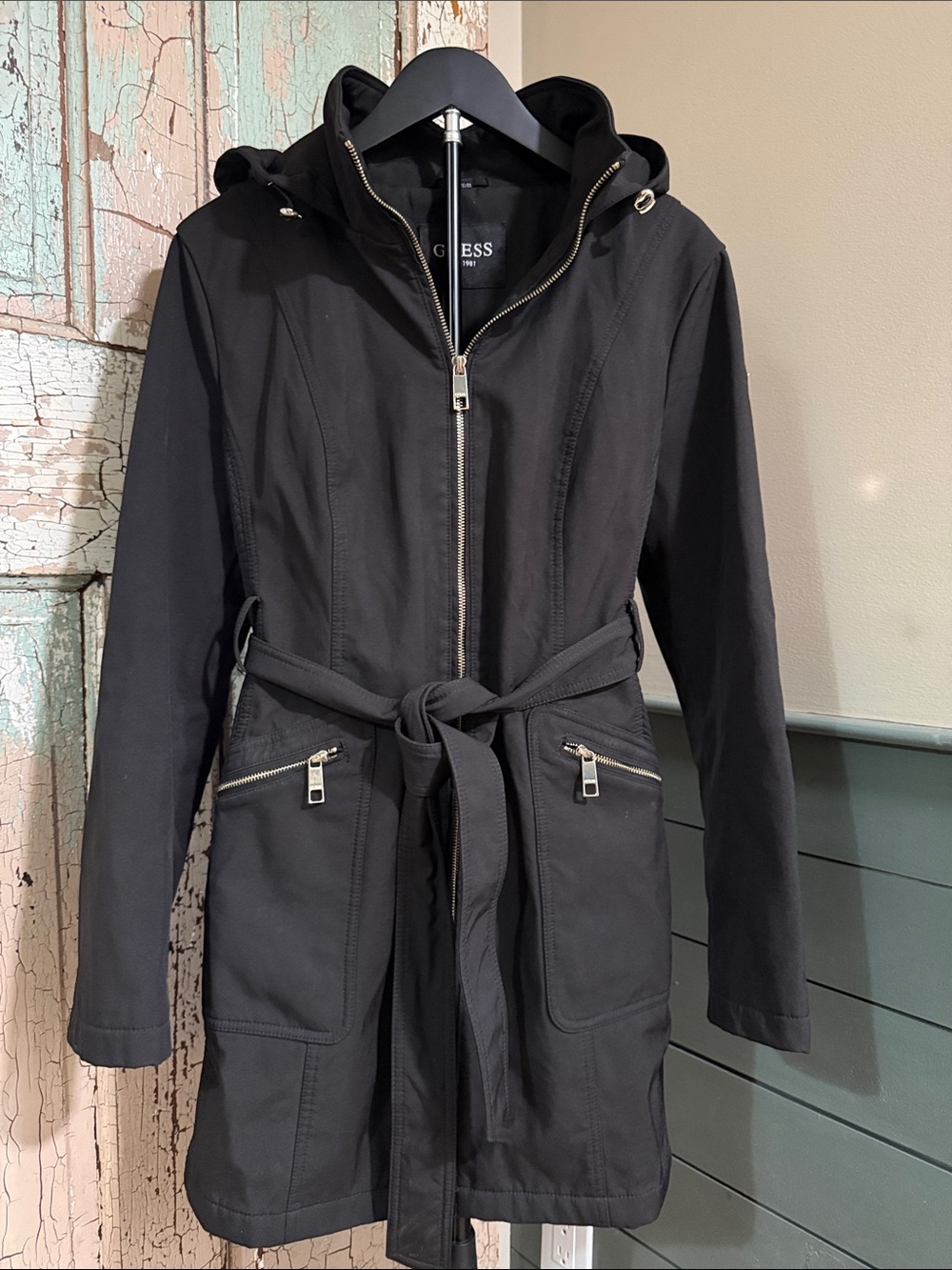 Guess Black Hooded Trench Coat with Tie Belt